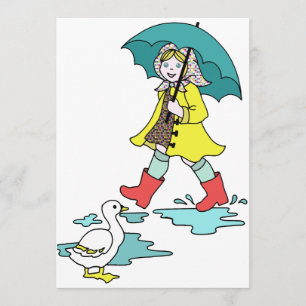 Rainy Day Red Galoshes with Duck & Umbrella Invitation
