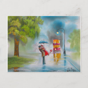 Rainy day red tram romantic couple umbrella postcard