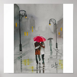 RAINY DAY RED UMBRELLA ROMANTIC COUPLE POSTER