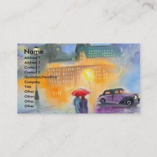 Rainy day red umbrella romantic couple walk business card