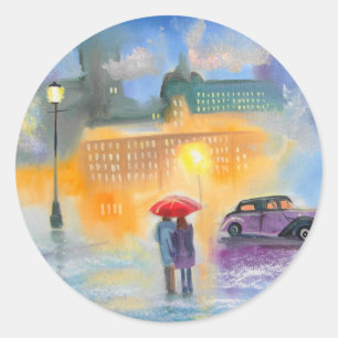 Rainy day red umbrella romantic couple walk classic round sticker