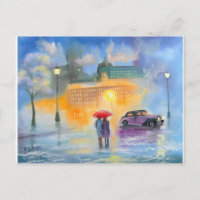 Rainy day red umbrella romantic couple walk