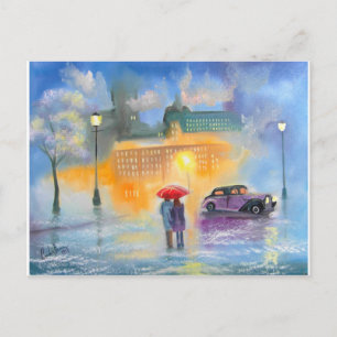 Rainy day red umbrella romantic couple walk postcard