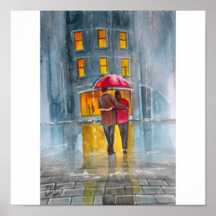 RAINY DAY RED UMBRELLA street scene PAINTING Poster
