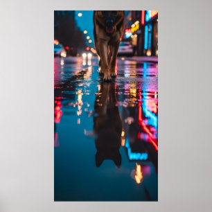 Rainy Day Reflections sheepdog slowly walks along  Poster