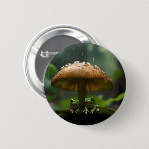 Rainy Day Refuge: Frogs Sheltering Under Mushroom 6 Cm Round Badge