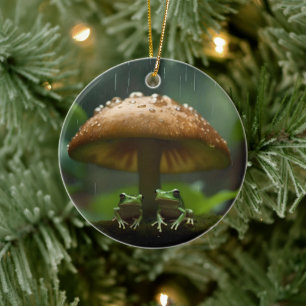 Rainy Day Refuge: Frogs Sheltering Under Mushroom Ceramic Ornament