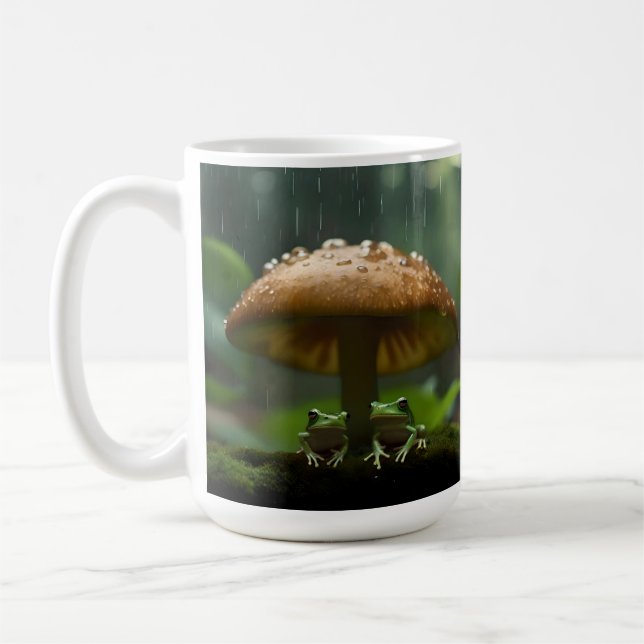 Rainy Day Refuge: Frogs Sheltering Under Mushroom Coffee Mug (Left)