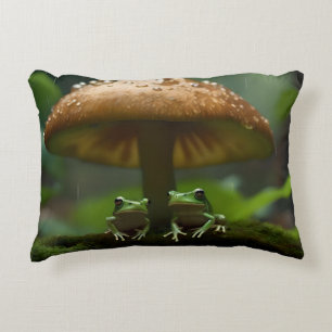 Rainy Day Refuge: Frogs Sheltering Under Mushroom Decorative Cushion