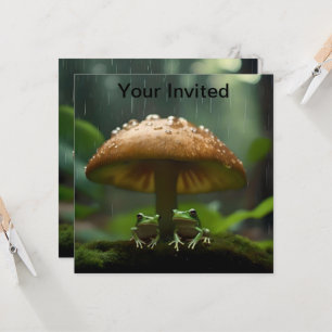 Rainy Day Refuge: Frogs Sheltering Under Mushroom Invitation