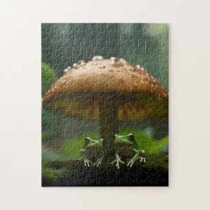 Rainy Day Refuge: Frogs Sheltering Under Mushroom Jigsaw Puzzle