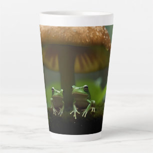 Rainy Day Refuge: Frogs Sheltering Under Mushroom Latte Mug