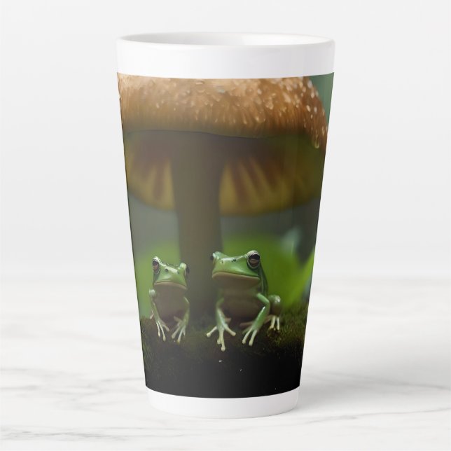 Rainy Day Refuge: Frogs Sheltering Under Mushroom Latte Mug (Front)