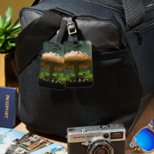 Rainy Day Refuge: Frogs Sheltering Under Mushroom Luggage Tag