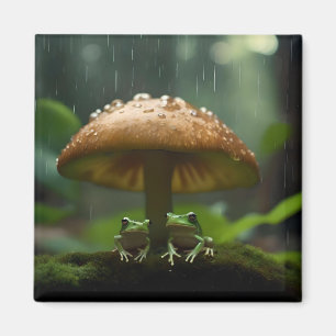 Rainy Day Refuge: Frogs Sheltering Under Mushroom Magnet