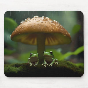 Rainy Day Refuge: Frogs Sheltering Under Mushroom Mouse Pad