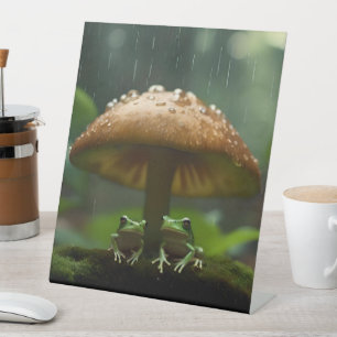 Rainy Day Refuge: Frogs Sheltering Under Mushroom Pedestal Sign