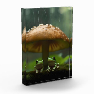Rainy Day Refuge: Frogs Sheltering Under Mushroom Photo Block