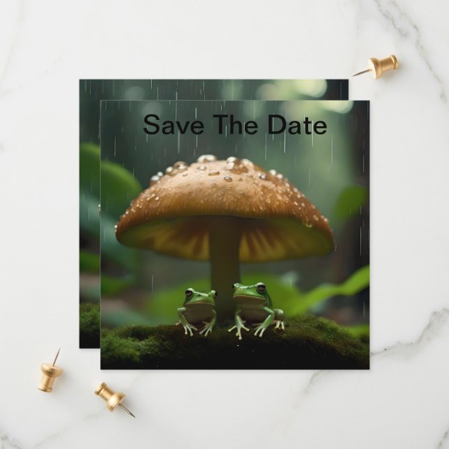 Rainy Day Refuge: Frogs Sheltering Under Mushroom Save The Date (Front/Back In Situ)