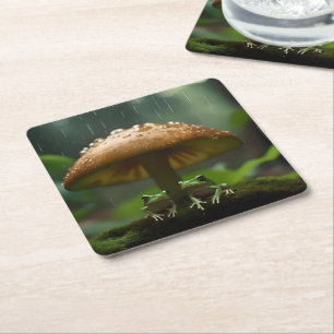 Rainy Day Refuge: Frogs Sheltering Under Mushroom Square Paper Coaster