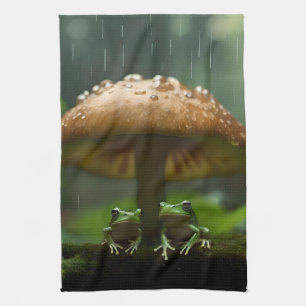 Rainy Day Refuge: Frogs Sheltering Under Mushroom Tea Towel
