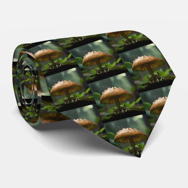 Rainy Day Refuge: Frogs Sheltering Under Mushroom Tie (Rolled)