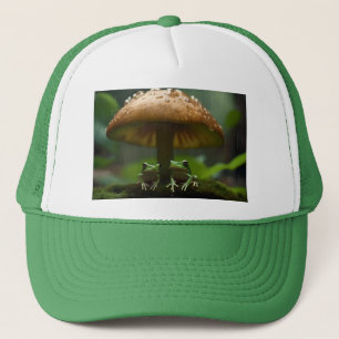 Rainy Day Refuge: Frogs Sheltering Under Mushroom Trucker Hat