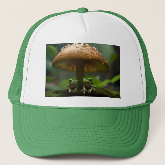 Rainy Day Refuge: Frogs Sheltering Under Mushroom Trucker Hat (Front)