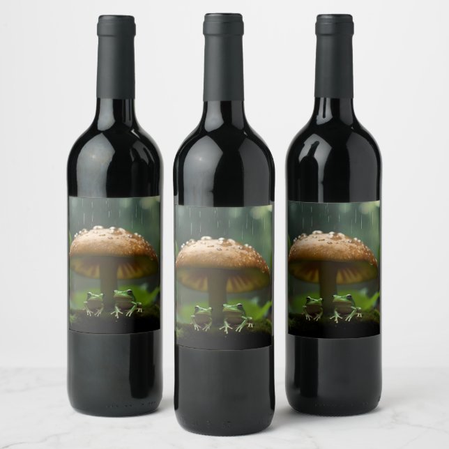 Rainy Day Refuge: Frogs Sheltering Under Mushroom Wine Label (Bottles)