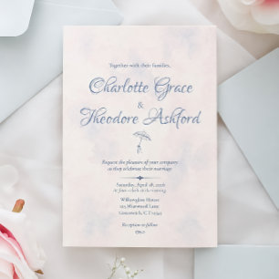 Rainy Day Romance Umbrella Blue Watercolor Wedding Invitation