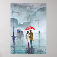 Rainy day romantic couple red umbrella painting