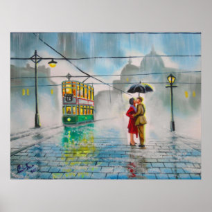 rainy day romantic couple umbrella tram painting poster