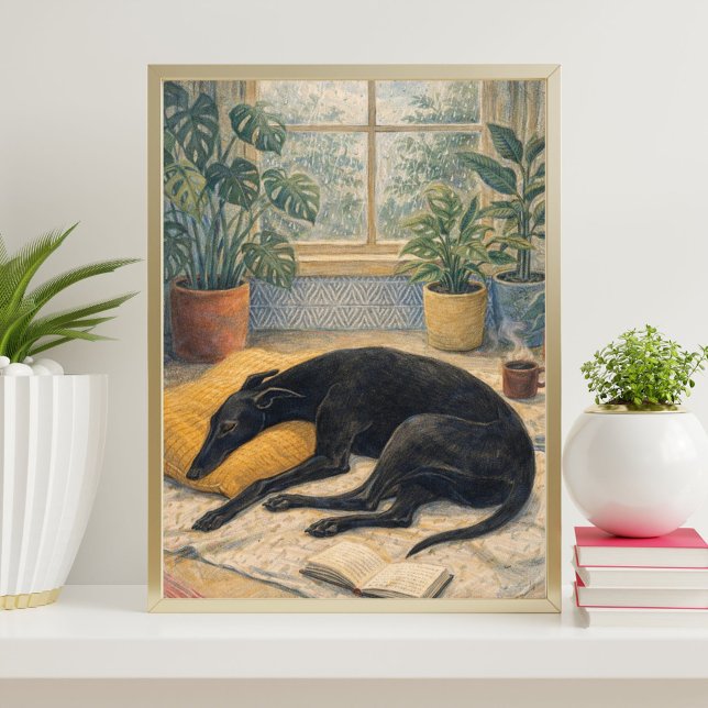 Rainy Day Serenity with Sleeping Black Greyhound Poster (Creator Uploaded)