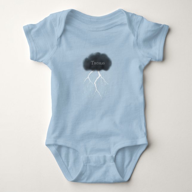 Rainy Day Thunder Cloud With Baby's Name Blue Baby Bodysuit (Front)