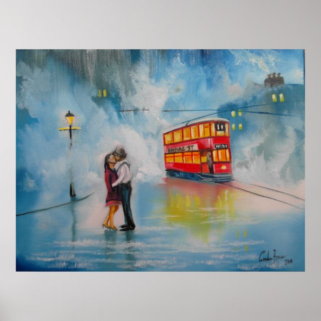 RAINY DAY UMBRELLA RED TRAM kissing couple Poster (Front)