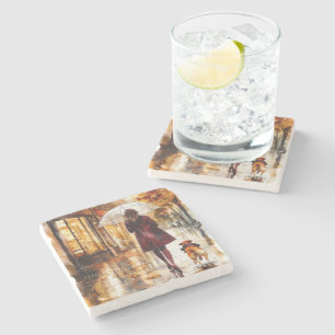 Rainy Day Walk Girl Dog Burgundy Jacket City Stone Coaster