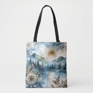 Rainy Day Watercolor Mountain Lake Rustic Boho Tote Bag