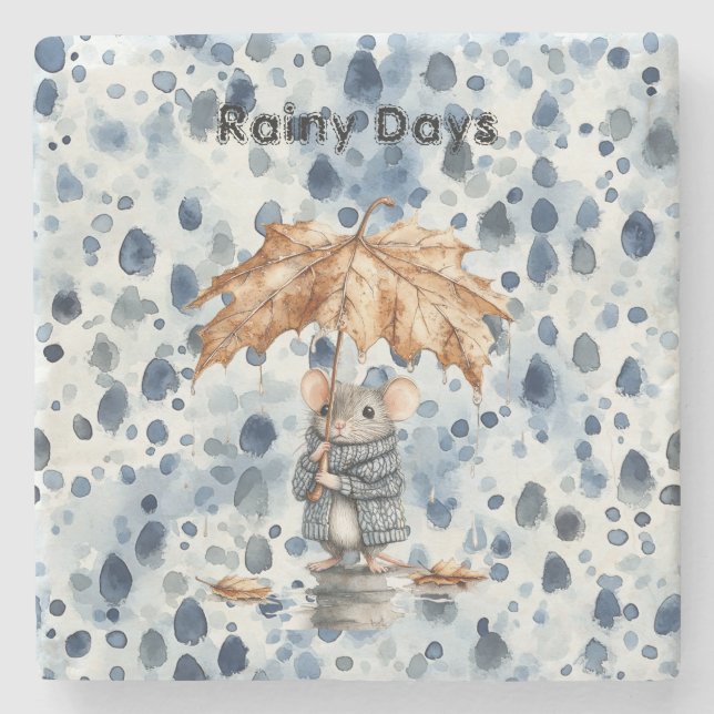Rainy Days Blue Mouse Leaf Umbrella Stone Coaster (Front)