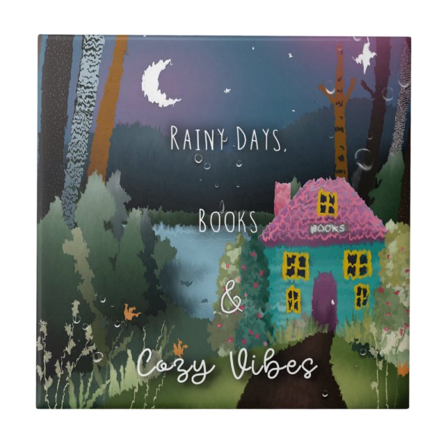 Rainy Days, Books & Cosy Vibes Hand Painted Design Ceramic Tile (Front)