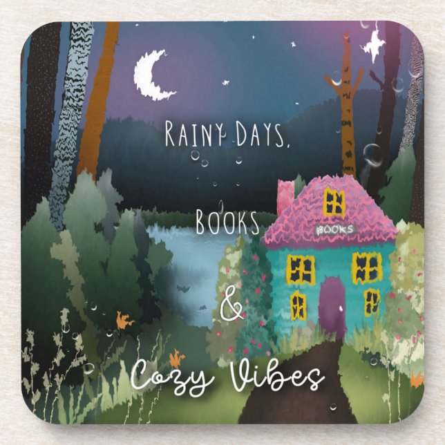Rainy Days, Books & Cosy Vibes Hand Painted Design Coaster (Front)