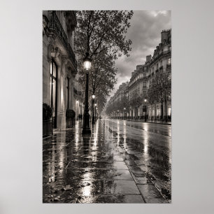 Rainy European Boulevard Black and White Wall Art