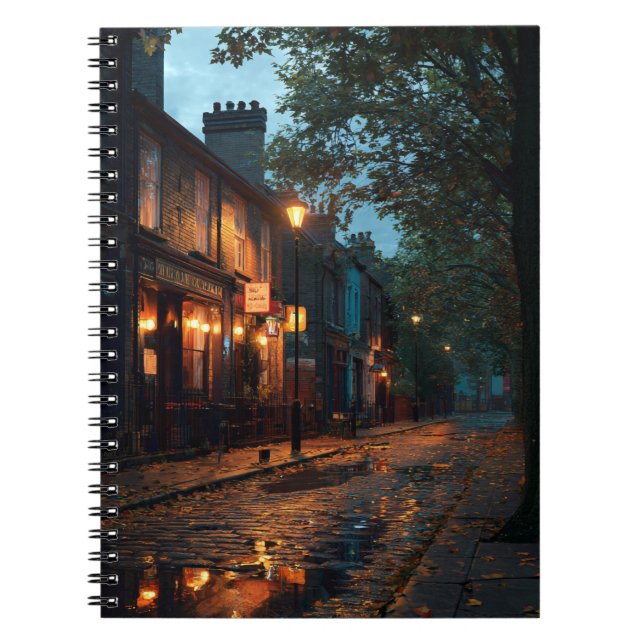 Rainy Evening Pub Street Reflections Notebook (Front)
