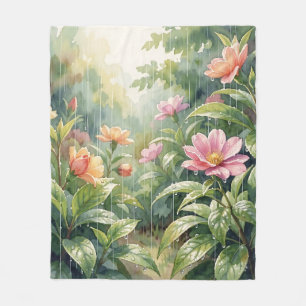 Rainy Garden Camellia Flowers Watercolor Fleece Blanket