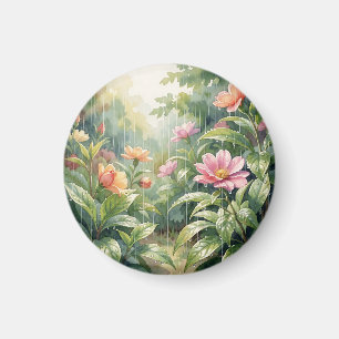 Rainy Garden Camellia Flowers Watercolor Magnet