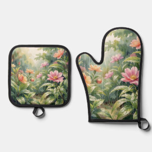 Rainy Garden Camellia Flowers Watercolor Oven Mitt & Pot Holder Set