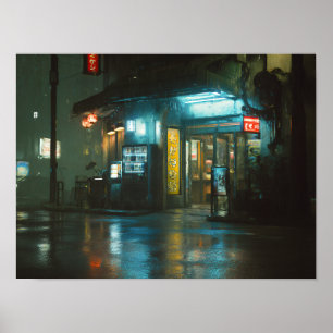 Rainy Neon Japanese Corner Store Poster