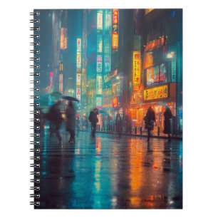 Rainy Neon Street Reflections Notebook