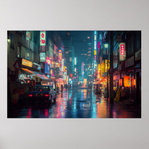 Rainy Neon Tokyo Alley Poster
