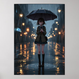 Rainy Night Anime Girl with Umbrella Poster