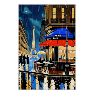 Rainy Night in Paris: Vintage Cafe Poster